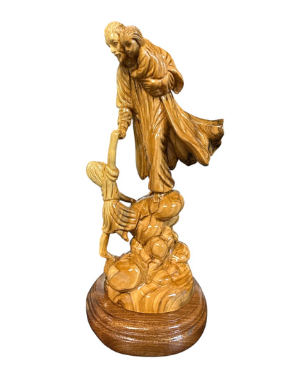 Jesus Helping the Children – Hand-Carved Olive Wood Statue from Bethlehem (9.5")
