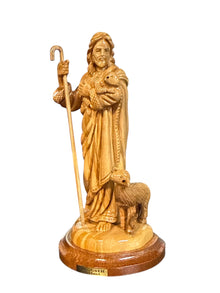 The Good Shepherd with Sheep – Hand-Carved Olive Wood Statue from Bethlehem (6")