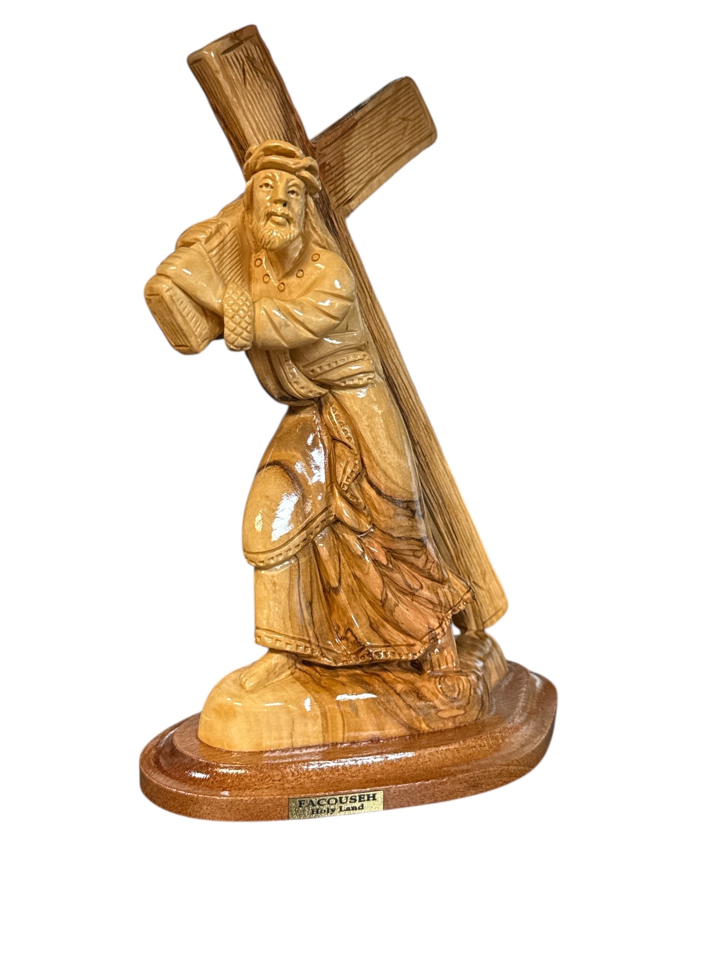 Jesus Carrying the Cross – Hand-Carved Olive Wood Statue from Bethlehem (7.2")