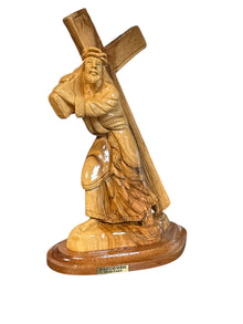 Jesus Carrying the Cross – Hand-Carved Olive Wood Statue from Bethlehem (7.2")