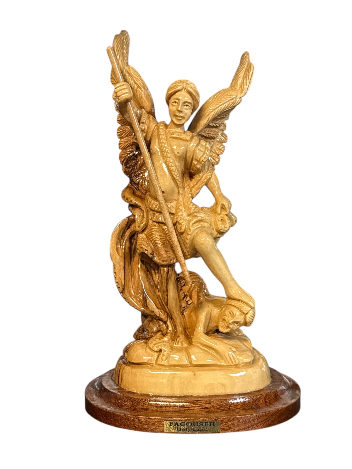 12.5" Hand-Carved Olive Wood St. Michael Defeating the Devil