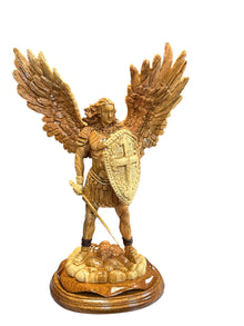 17" Hand-Carved Olive Wood St. Michael the Archangel Statue