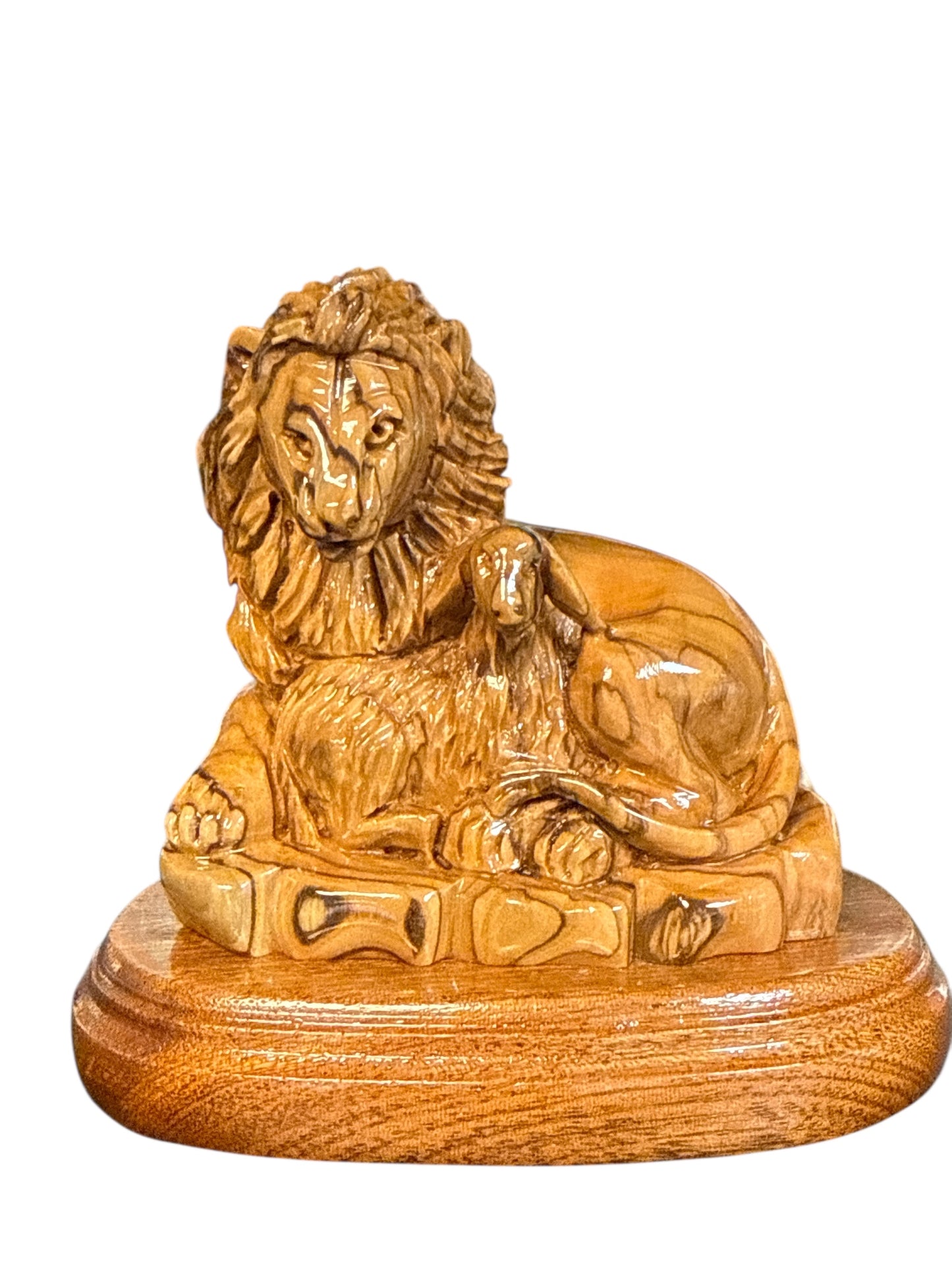 4" Hand-Carved Olive Wood Lion and Lamb Statue