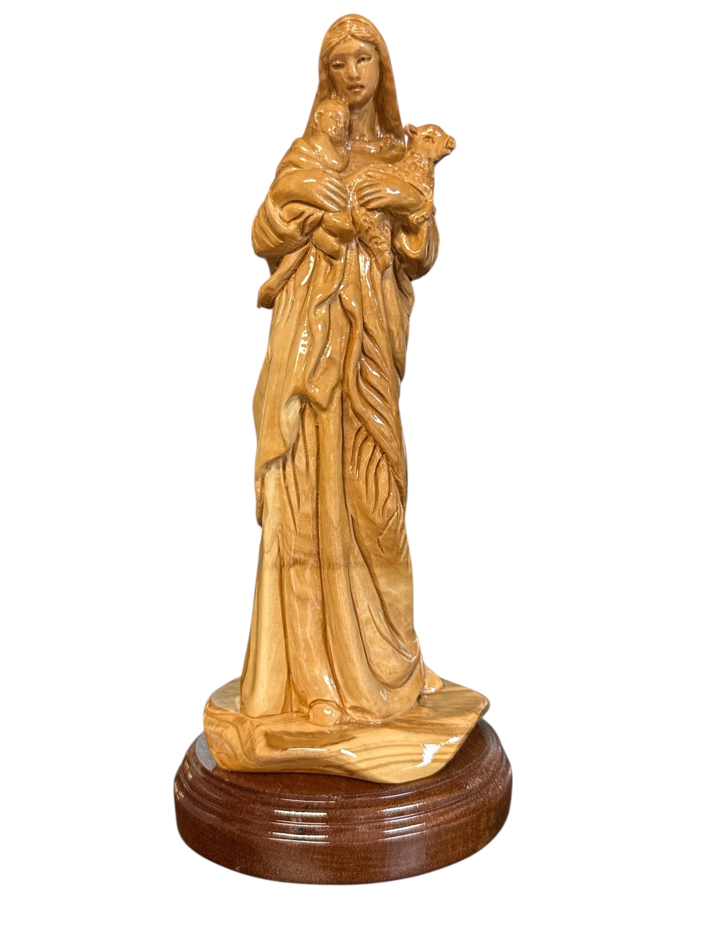 10" Hand-Carved Olive Wood Madonna with Child and Lamb