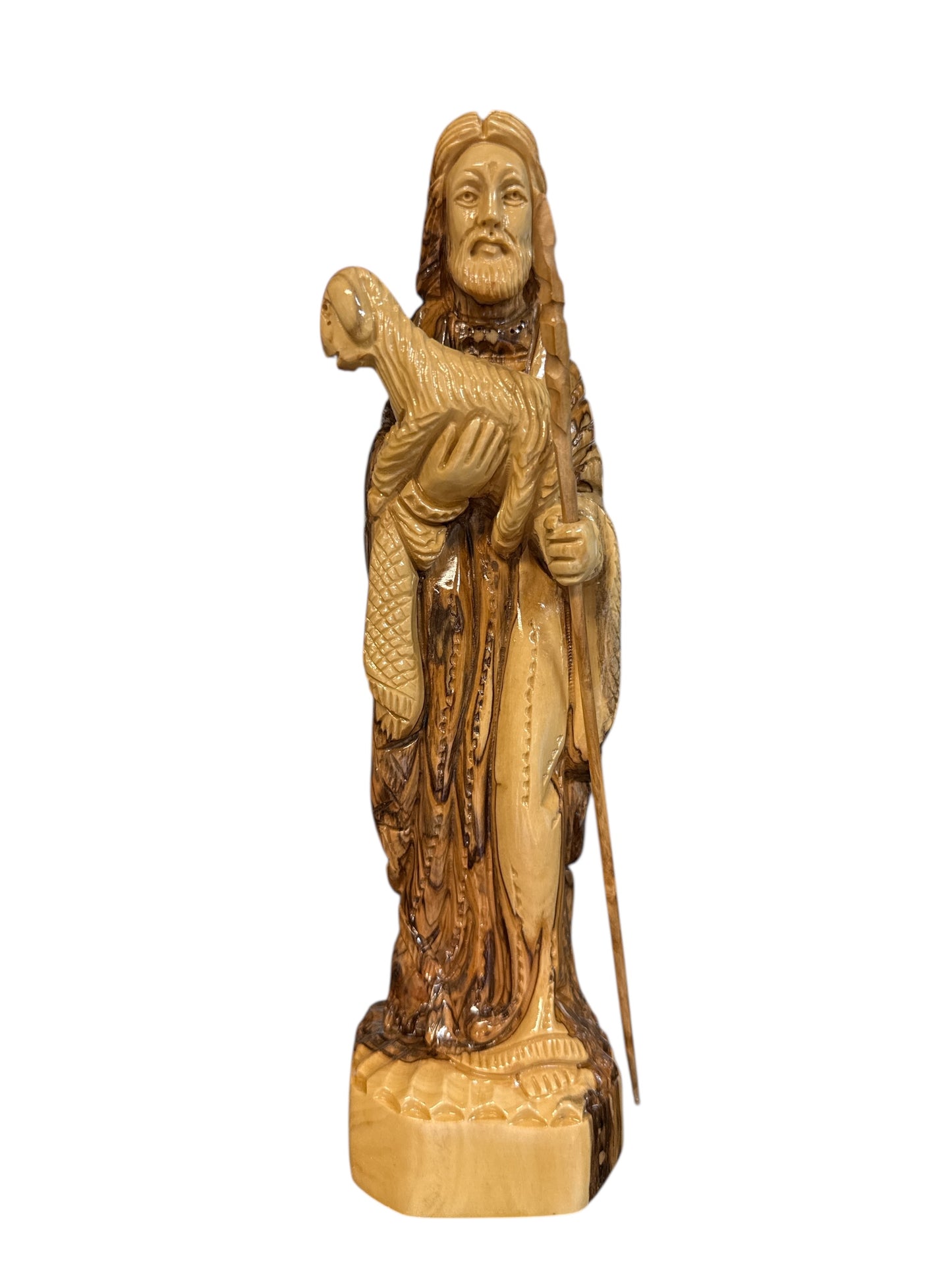 Good Shepherd Holding the Lamb – Hand-Carved Olive Wood Statue (3″ × 3″ × 11″)