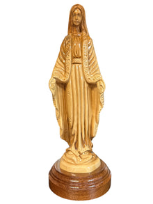 Our Lady of Grace – Hand-Carved Olive Wood Statue on Base (3″ × 3″ × 9″)