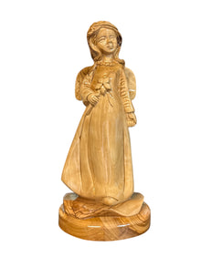 Angel Girl Holding a Flower – Hand-Carved Olive Wood Statue (4″ × 4″ × 9″)