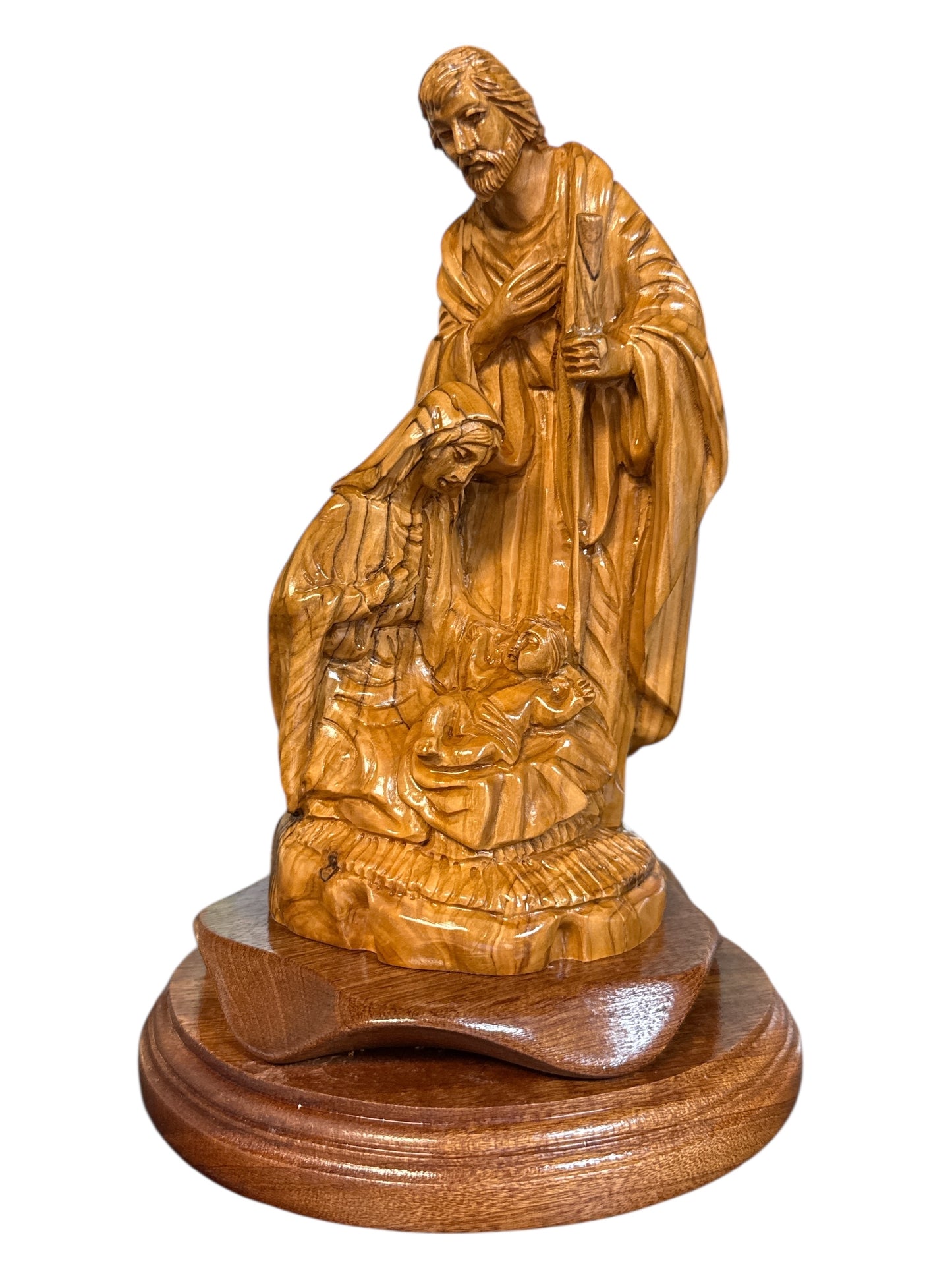 Holy Family with Baby Jesus – Hand-Carved Olive Wood Statue on Base (6″ × 6″ × 10″)