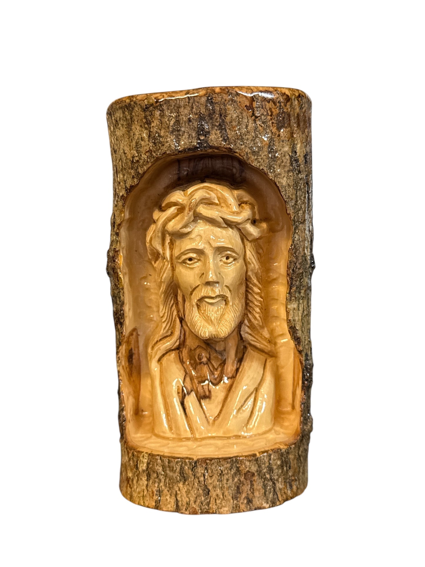 Face of Jesus Carved in Olive Wood Tree Bark – Handcrafted in Bethlehem (3″ × 3″ × 6″)