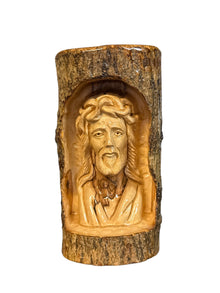 Face of Jesus Carved in Olive Wood Tree Bark – Handcrafted in Bethlehem (3″ × 3″ × 6″)
