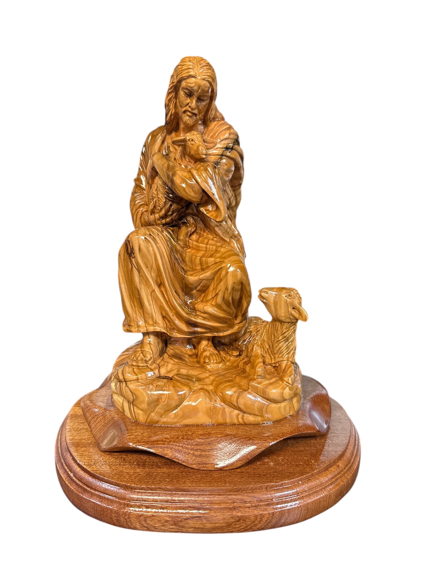 8x9x11" Olive Wood Good Shepherd Statue – Hand-Carved in Bethlehem