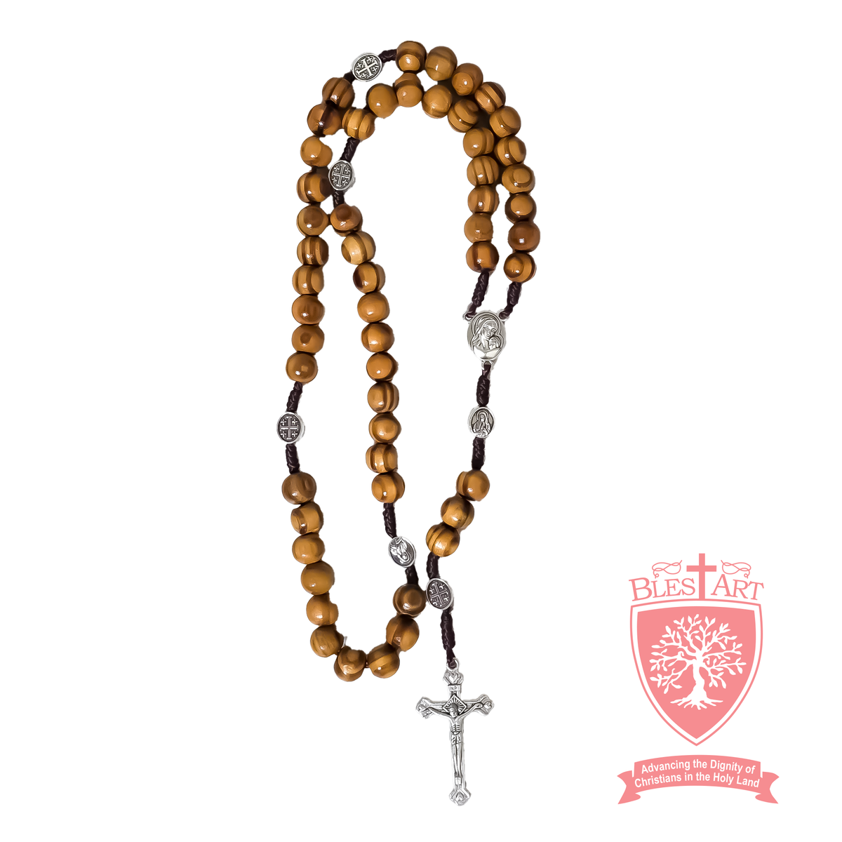 Olive Wood Rosary with Mary Icon and Holy Soil