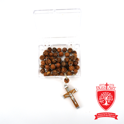 Olive wood Rosary with Rose-carved beads and Jesus metal Icon