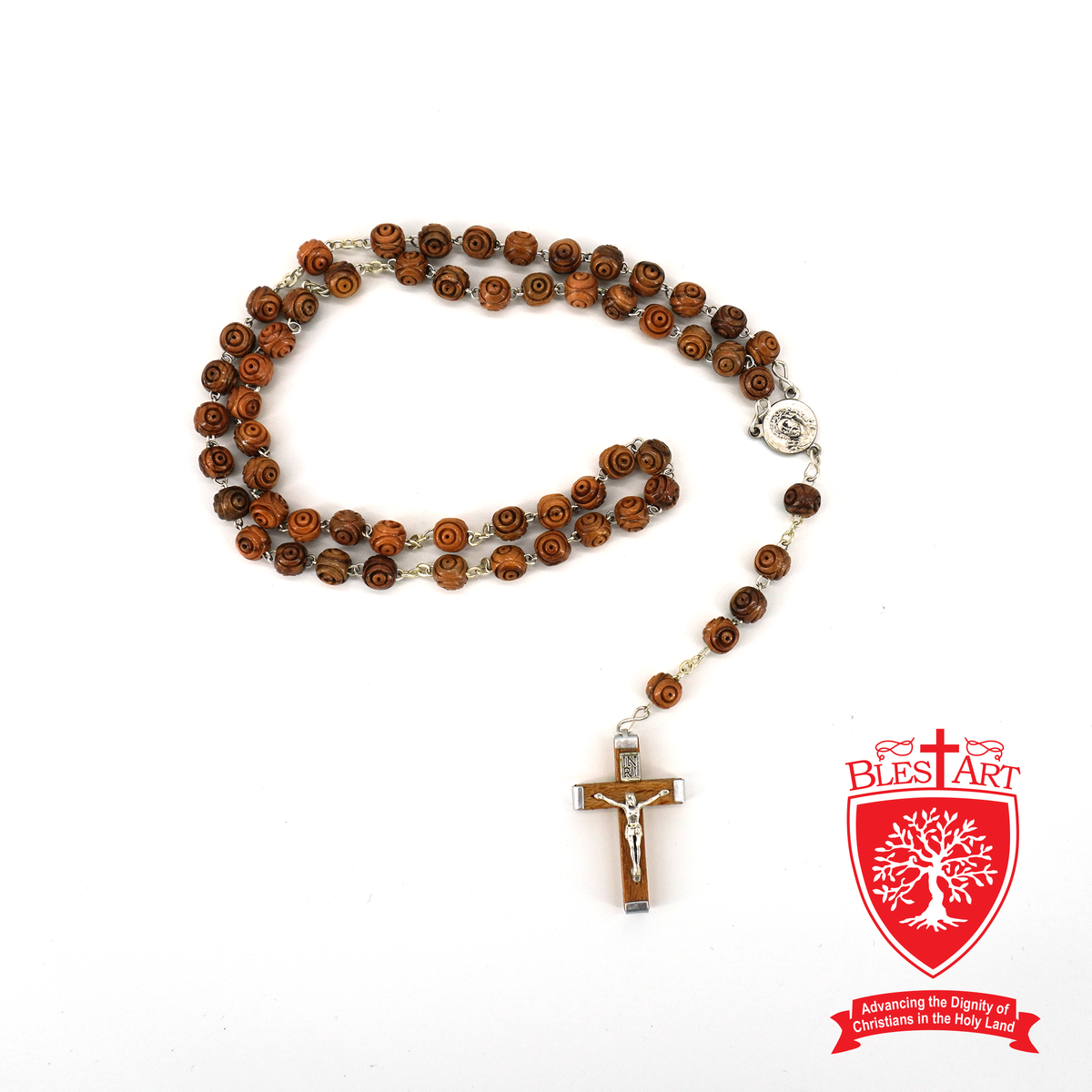 Olive wood Rosary with Rose-carved beads and Jesus metal Icon