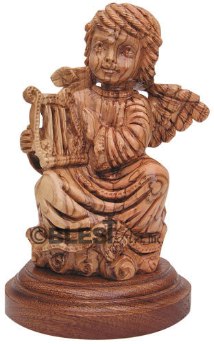 Angel Playing Harp, Mahogany Base - Blest Art, Inc. 