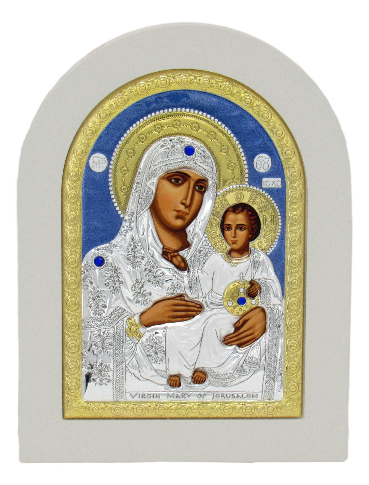 Silver Plated Icon of Madonna with the Child, White frame