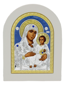 Silver Plated Icon of Madonna with the Child, White frame
