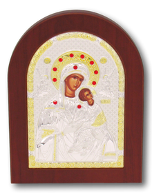 Icon of Madonna & Child, Stirling silver, with brown frame, Size: 6" x 8"