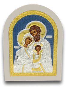 Icon of Holy Family, Stirling silver. White frame