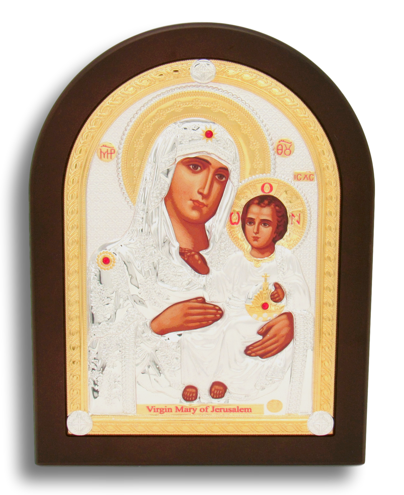 Icon of Madonna & Child, Stirling Silver and Brown frame. Size: 9.8" x 13"