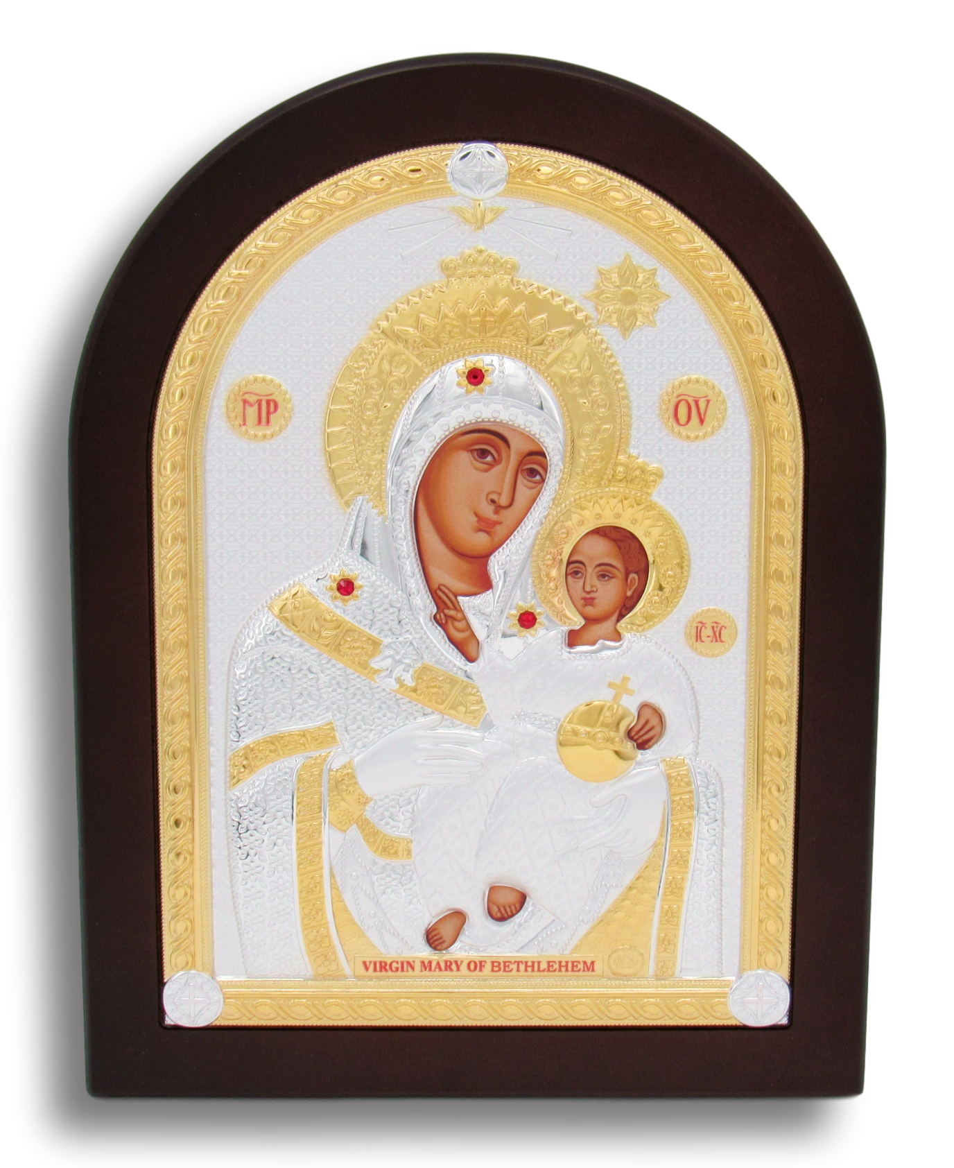 Icon of Madonna & Child, Stirling Silver and Brown frame. Size: 9.8" x 13"