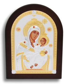 Icon of Madonna & Child, Stirling Silver and Brown frame. Size: 9.8" x 13"
