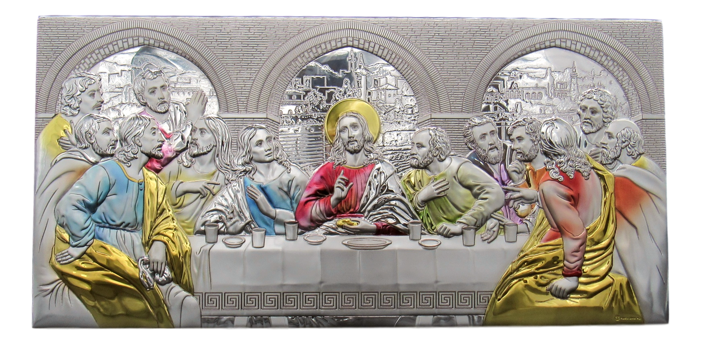 Icon of the Last Supper, silver plated, Colored, Size: 23.8" x 11.8"