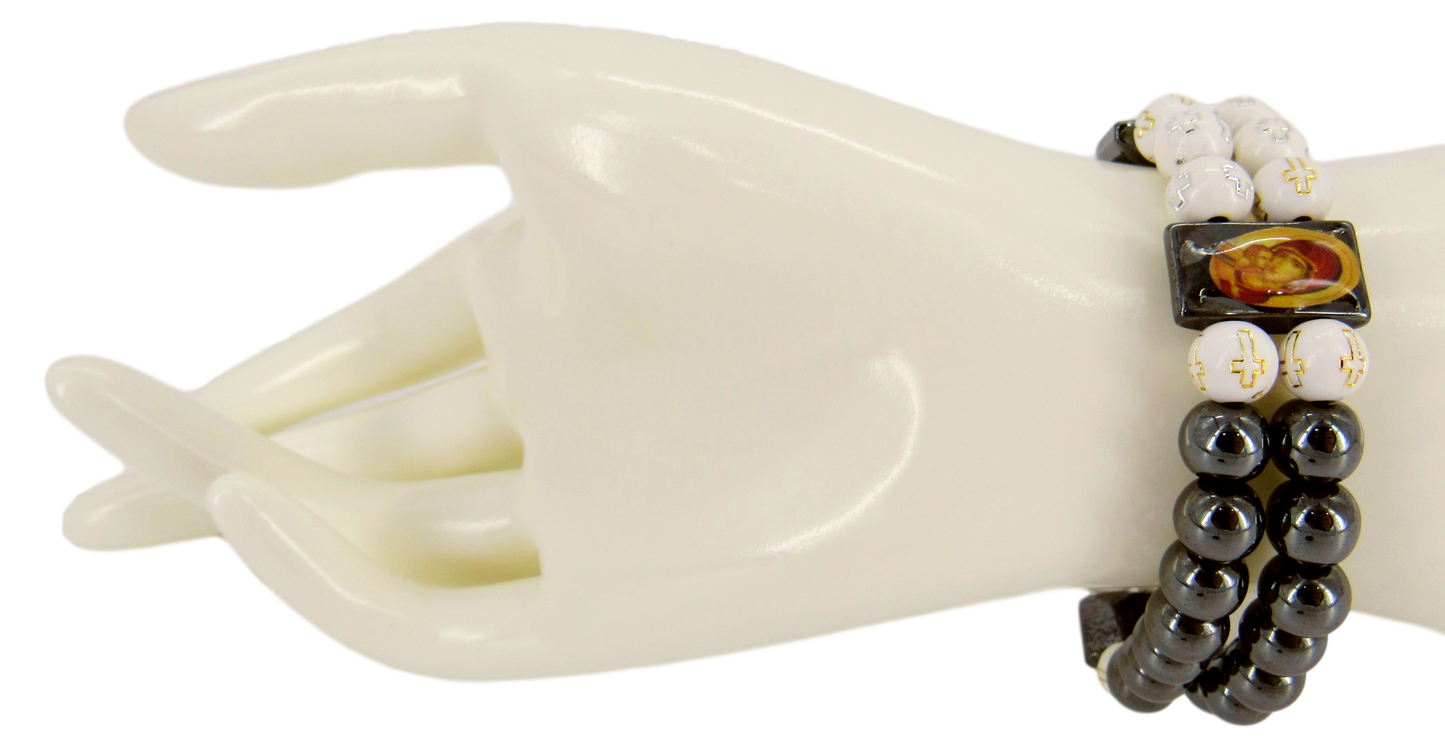 Bracelet, Hematite beads, Black and white with different icons