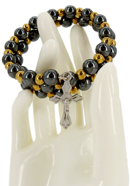 Bracelet, Hematite with Golden beads, Available with different attached Crosses styles.