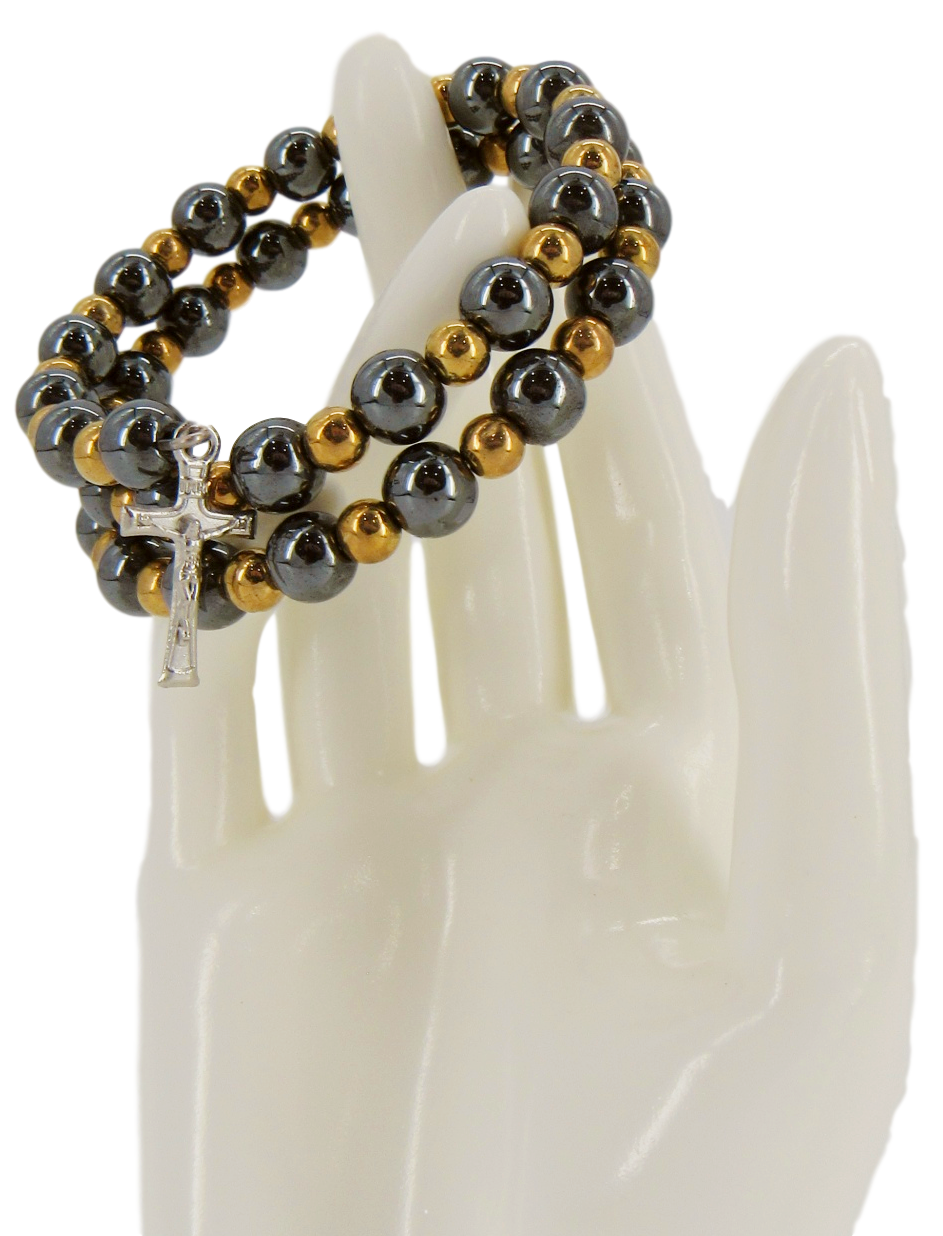 Bracelet, Hematite with Golden beads, Available with different attached Crosses styles.