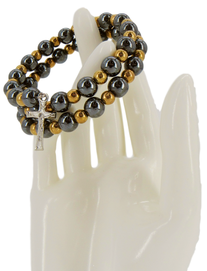 Bracelet, Hematite with Golden beads, Available with different attached Crosses styles.