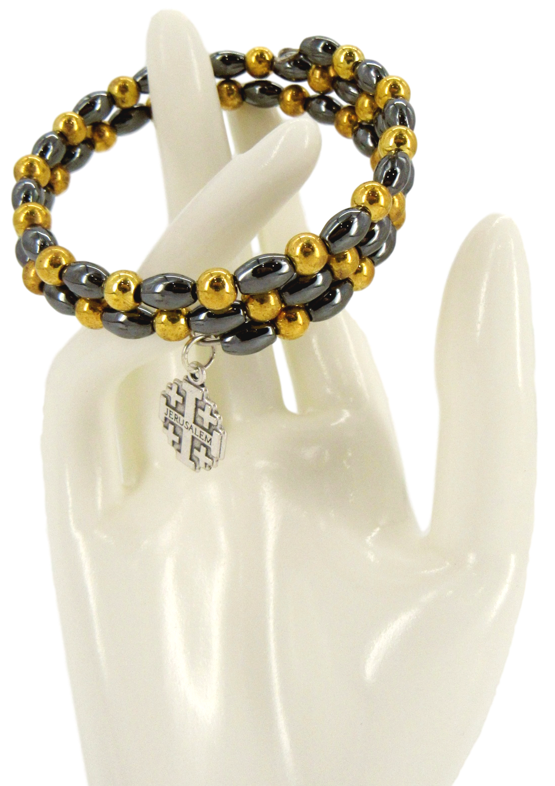 Bracelet, Hematite with Golden beads, Available with different attached Crosses styles.