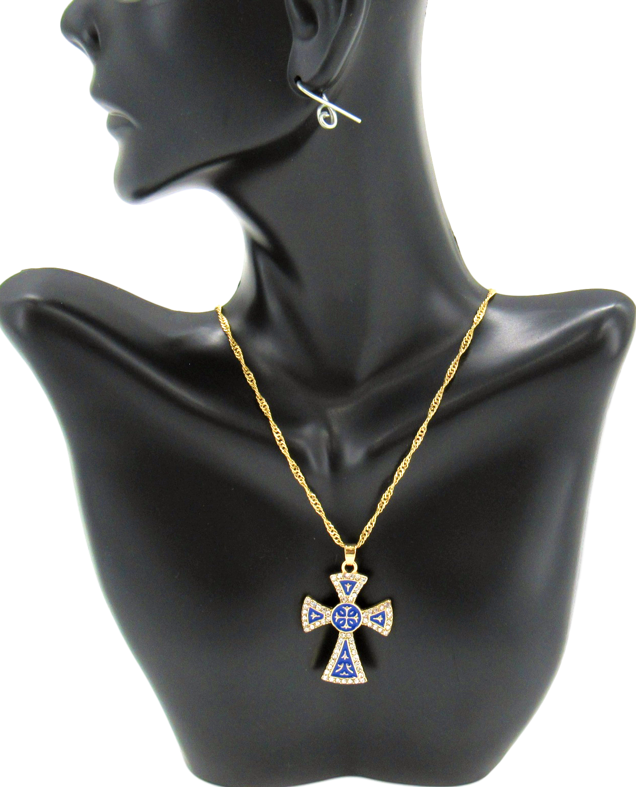 Gold plated Necklace, With Special style Roman Cross, Blue color.