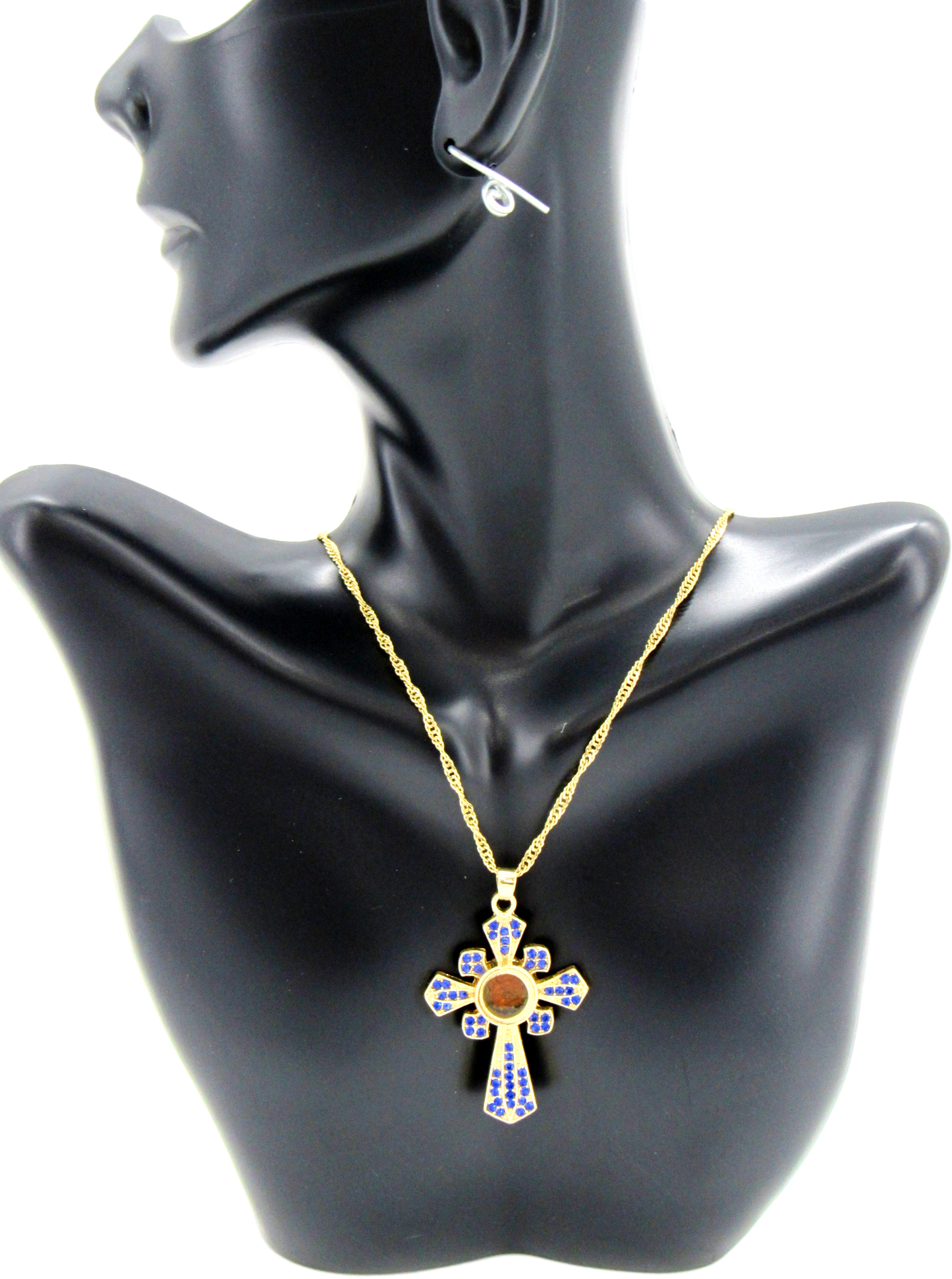 Gold plated Necklace, With Special Cross filled with incense from the Tomb of Jesus, Blue color.