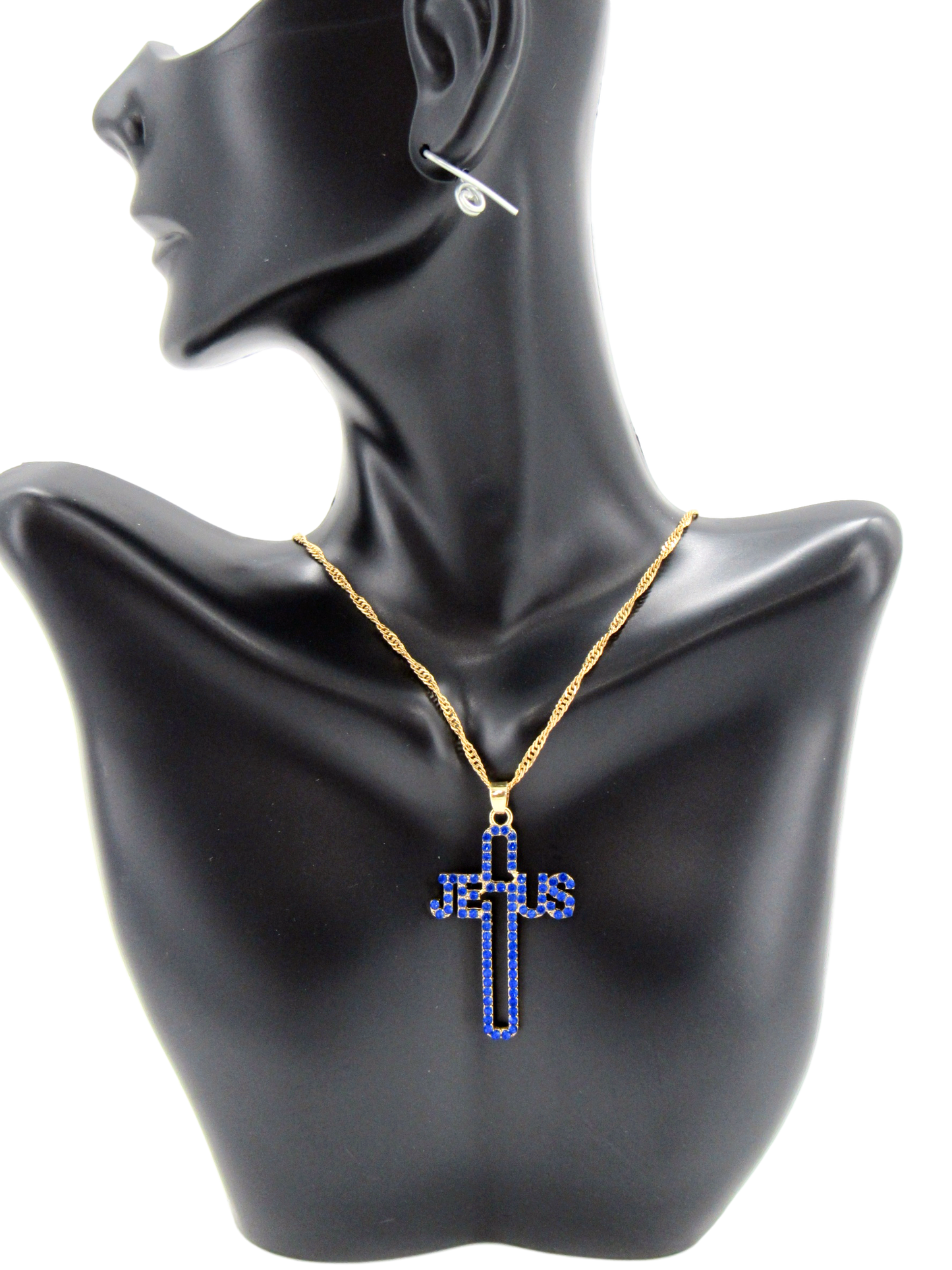 Gold plated Necklace, With Special name-of-Jesus Cross, Blue color.