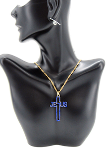 Gold plated Necklace, With Special name-of-Jesus Cross, Blue color.