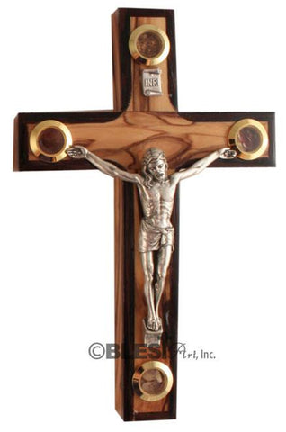 Latin Crucifix, Walnut, with Holy Items, Different sizes available. - Blest Art, Inc. 