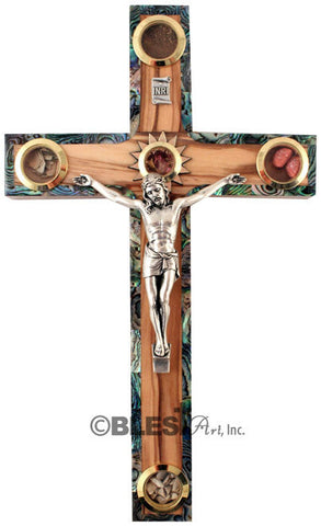 Latin Crucifix, Abalone seashells, with Holy Items, Different sizes available. - Blest Art, Inc. 