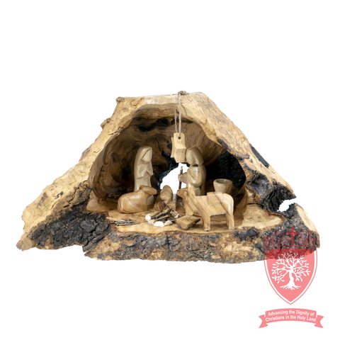 Unique Nativity Art: Olive Wood Tree Trunk Barn Design