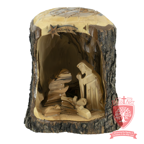 Unique Nativity Art: Olive Wood Tree Trunk Barn Design