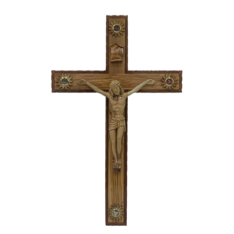 Roman and Latin style Cross with wooden body. Walnut edges and Holy Items, Size: 24"/61 cm