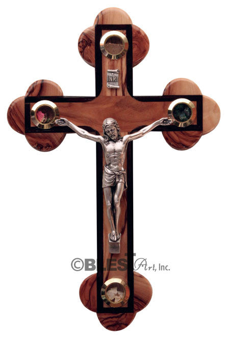 Roman Crucifix with Walnut edges and Holy Items, Different sizes available - Blest Art, Inc. 