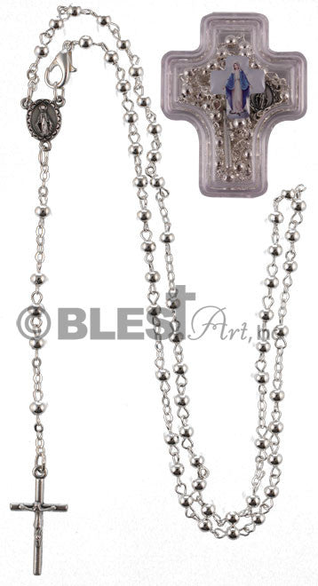Silver Rosary With Icon of Mary. Comes in Cross shaped box. Size: 15.0"/38 cm