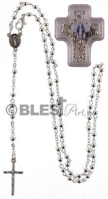 Silver Rosary With Icon of Mary. Comes in Cross shaped box. Size: 15.0"/38 cm