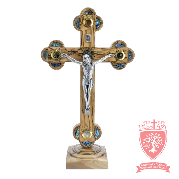 Roman Cross with Abalone Shell on base - Olive Wood